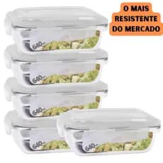 Kit 5 Pote de Vidro Hermético 640 ML Com Tampa Plástica e Vedação BPA FREE Marmita de Forno Freezer