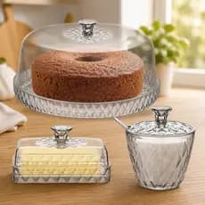 Kit Boleira Açucareiro Mantegueira Imita Vidro Elegante Porta Bolo Cristal Incolor Livre BPA