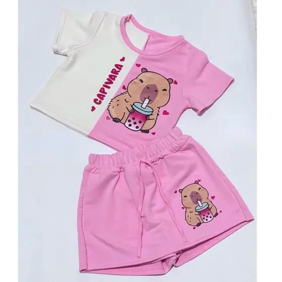 Conjunto Infantil Shorts Saia Capivara  Algodão moda verão