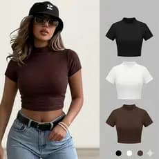 BlusA Cropped Feminino SUPLEX   Manga Curta Gola Alta Blusa Feminina Moda Básica Blogueira suplex