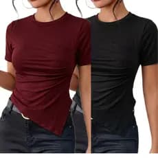 KIT 2 blusas drapeadas asimetrica manga curta blusa basica gola redonda