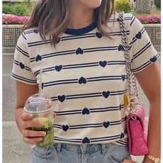blusa feminina listrada  estampa  de corações  bicolor delicada blusa basica tshirt  camiseta manga curta