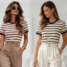 kit 2 blusas femininas listradas manga curta camiseta basica t-shirt gola redonda