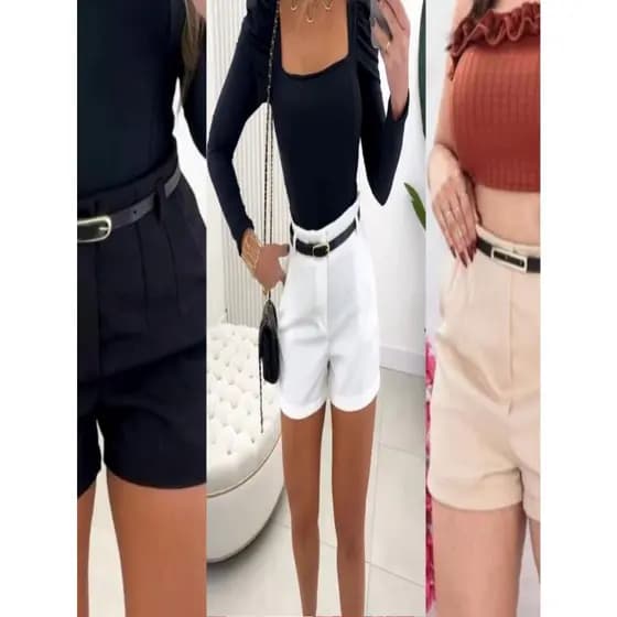 Kit 3 Short ZRA Alfaiaataria Feminina Com Cinto Elegante Nova Coleção. Preto, branco e Bege