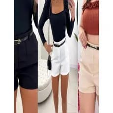 Kit 3 Short ZRA Alfaiaataria Feminina Com Cinto Elegante Nova Coleção. Preto, branco e Bege