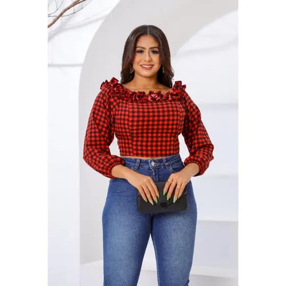 Cropped xadrez Manga Longa babado Blusa top tendência inverno