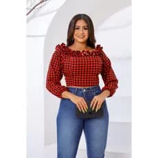 Cropped xadrez Manga Longa babado Blusa top tendência inverno