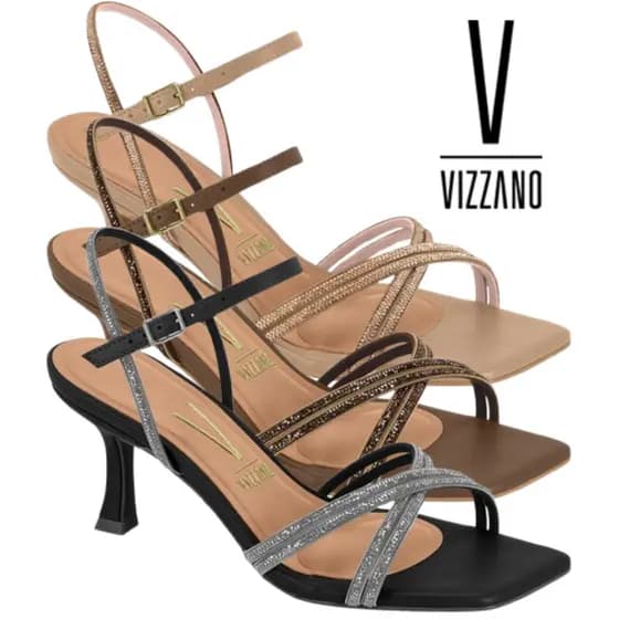 Sandália Feminina Vizzano Bico Quadrado Strass Salto Taça Conforto 6536.105