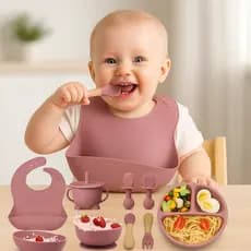 Kit Introdução Alimentar Para Bebês 8 Peças Silicone Livre BPA Talheres Prato Copo Canudo Alimentação