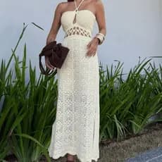 Vestido Tricô Rendado Modal Midi Alça Ajustável Moda Feminina