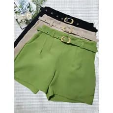 Short Alfaiataria Feminino com Pregas e Cinto Elegante Moda SOCIAL