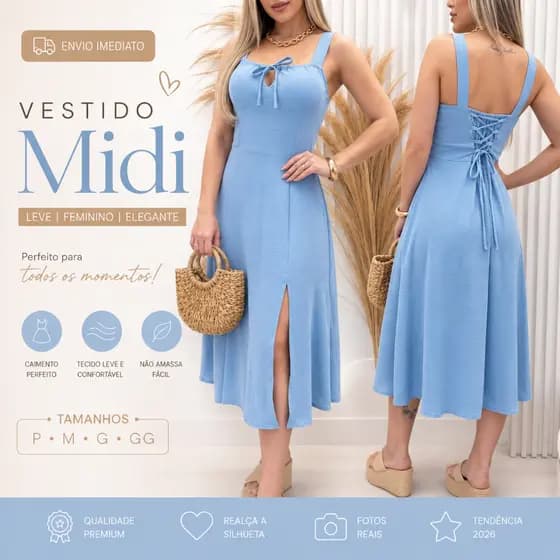 Vestido Feminino Midi Romantico Lisa Fenda Lateral Laço no Busto/Tendencia Moda