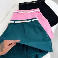 Short Saia Feminino Moda Social Alfaiataria com Cinto Cintura Alta