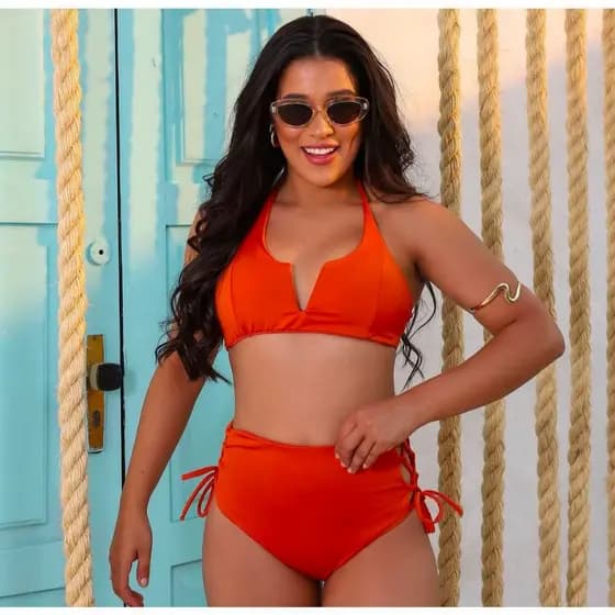 Biquini Plus Size Feminino Calcinha Cós Alto Cintura Alta com Bojo Hot Pants Top Meia Taça com Aro Praia Piscina