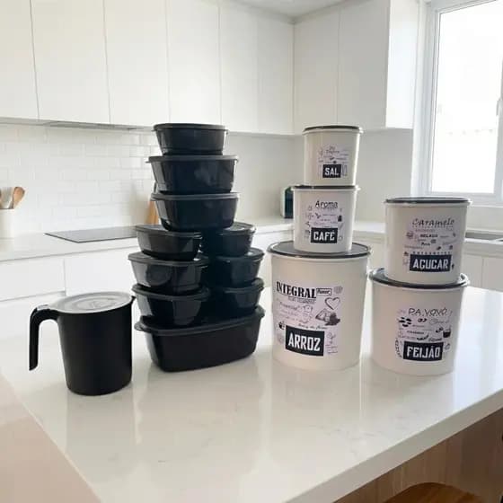 Pote Cozinha de Plástico Kit com Porta Mantimentos + Jarra 1,8L  Branco e Preto Jogo de Cozinha