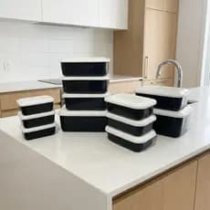 Pote Marmitas Retangular de Plástico Kit 10 Peças Preto e Branco