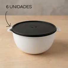 Pote Tigela Bowl Plástico 1L Branco Com Tampa Preta Kit 6 Peças Saladeira