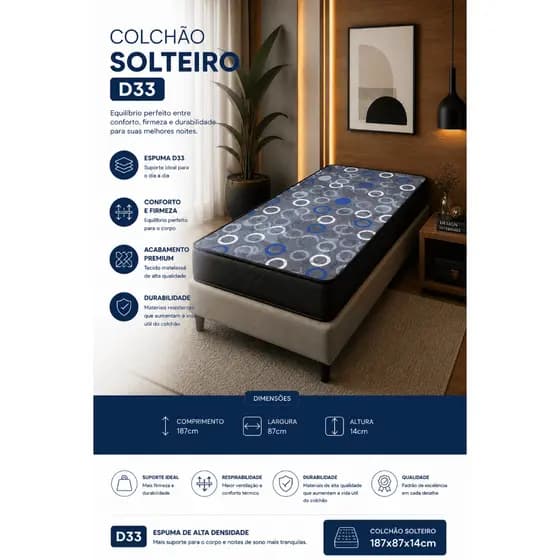 Colchão Solteiro D33 14Cm Fabricado Para Seu Conforto Frete Rápido Oferta Por Tempo Limitado
