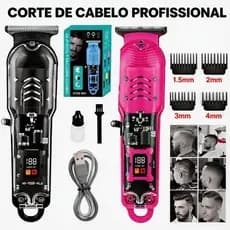 Máquina de Cortar Cabelo Sem Fio com LCD Digital Design Transparente Kit Completo
