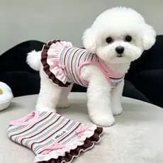Vestido Listrado Para Cachorro Com Laço , Roupas Fofas Animais De Estimação Babados , Roupa De Verão Respirável Cães Peq
