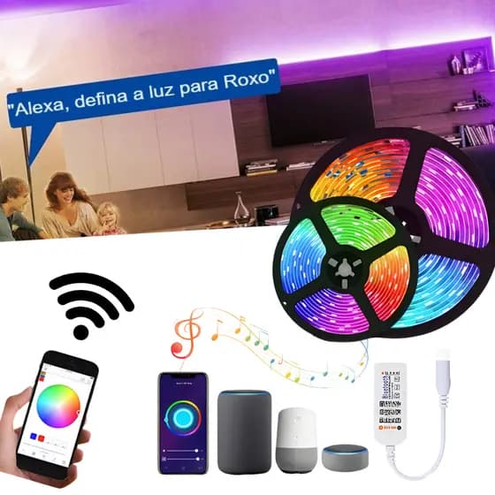 Fitas LED RGB 3528 Rolo 5m/10m com Fonte e Controle Inteligente