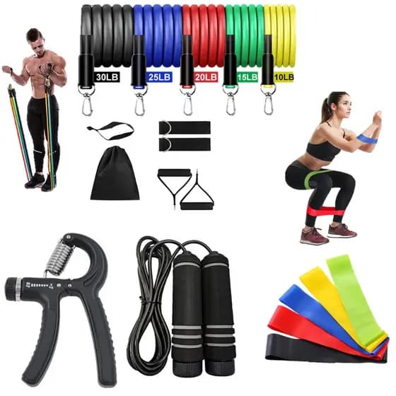 Kit 11 Elástico Extensor + 5 Mini Band + Corda + HandGrip Exercício Em Casa Exercício Musculação Funcional Yoga
