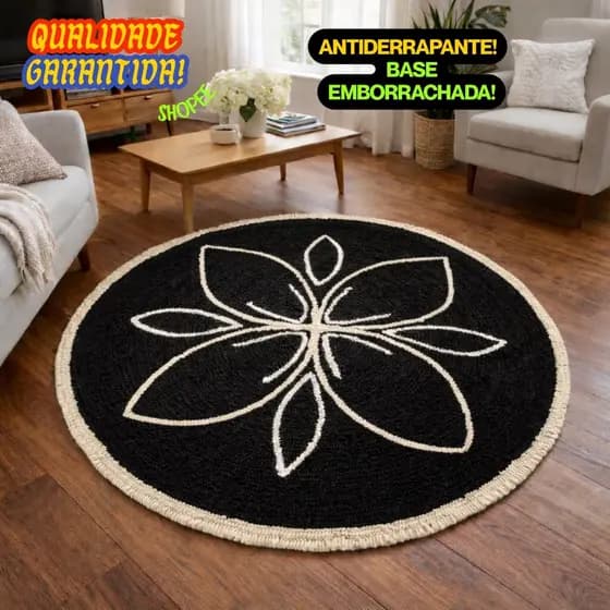 Tapete Redondo Grande 1,40m Sala Quarto Antiderrapante Flor Geométrica Lavável
