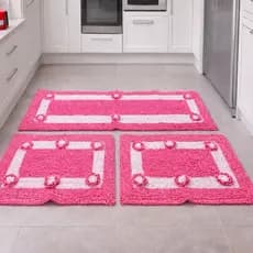 Jogo de Tapete Fru Fru Emborrachado [ANTIDERRAPANTE] Floral - Passadeira 1,40m + 2 Tapetes - Rosas