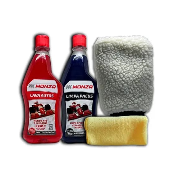 Kit Limpeza Automotiva Carro e Moto 1 Shampoo + 1 Luva de Lavagem + 1 Pneu Pretinho + 1 Toalha de Microfibra