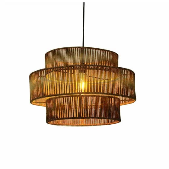 Lustre Rustico Fibra Natural Redondo Triplo Luxo Sala Quarto