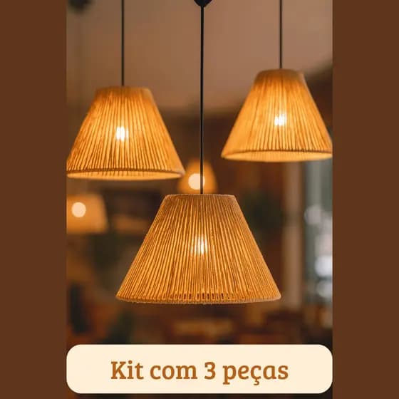 Kit 3 Pendentes Lustres Palha De Milho Cone 35cm Com Fiação