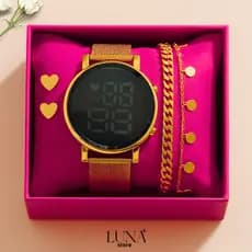 Relógio Feminino Redondo Digital LED Com Pulseira Brinco