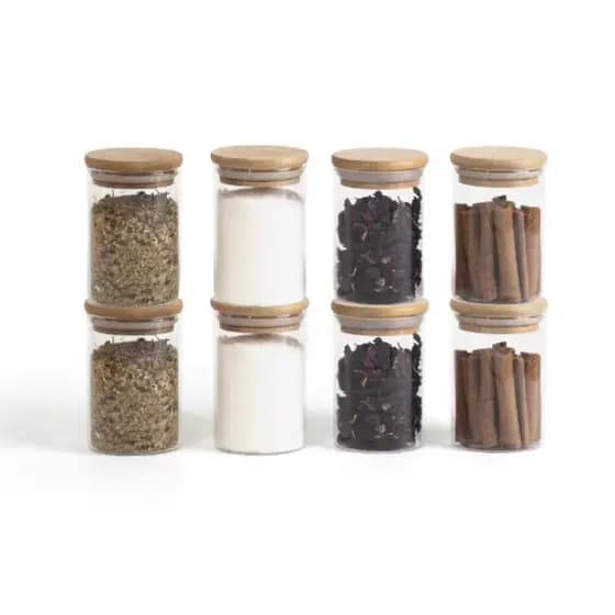 Kit 8 Pote Porta Temperos Mantimentos Design Sofisticado Tampa De Bambu Hermético 250ml