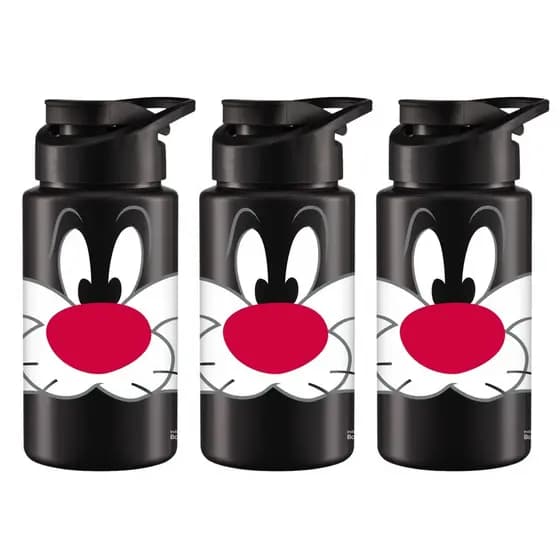Kit 3 Squeeze Frajola Preto 500ml Plástico com Alça Esporte