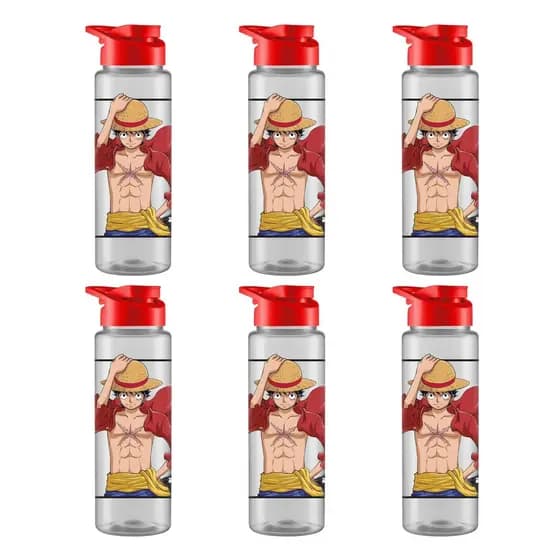 Kit 6 Garrafa Squeeze Sport Transparente One Piece Luffy 750ml com Tampa Prática