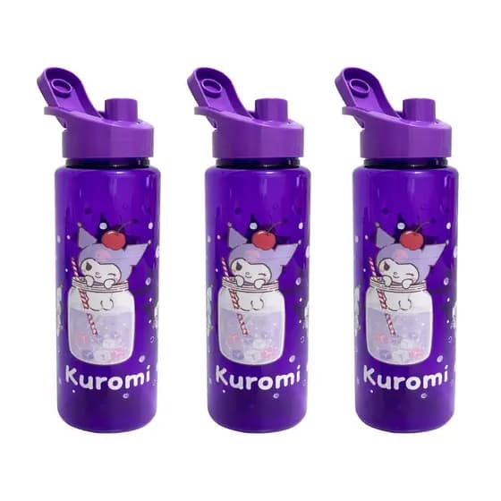 Kit 3 Garrafa Squeeze Kuromi Drinks 750ml Com Bico Dosador e Alça Plástica Lilás Escola