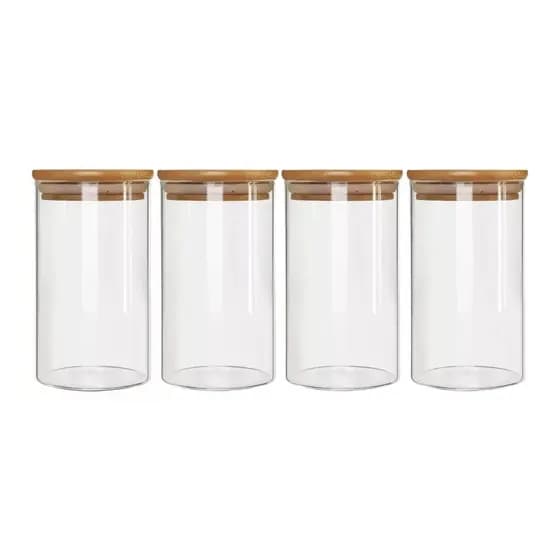 Kit 4 Pote Porta Temperos Mantimentos Design Sofisticado Tampa De Bambu Hermético 650ml