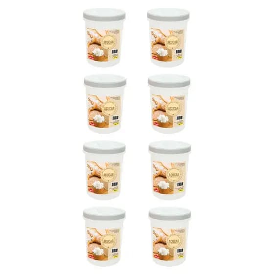 Kit 8 Potes Redondos Plásticos Com Tampa De Rosca Para Açúcar Branco 2L