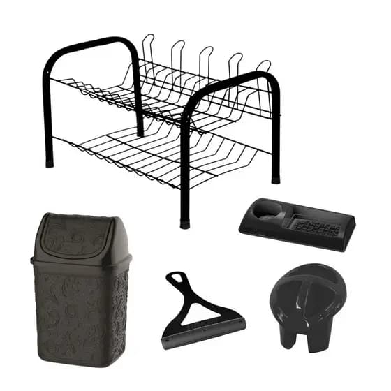 Kit Cozinha Escorredor Louça Rodinho Pia Porta Detergente Porta Talher 3 Divisória Cesto Lixo 4,5l