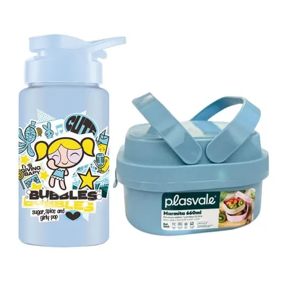 Kit Volta às Aulas Lindinha Garrafa Squeeze 500ml e Marmita Azul