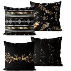 Kit 4 Capas De Almofadas Para o Natal 45x45 - Preto e Dourado