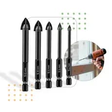 Kit Jogo Broca 5 peças Universal Fura Tudo Vidro Madeira Mármore Granito Concreto Cerâmica Metal Hexagonais Cruzadas