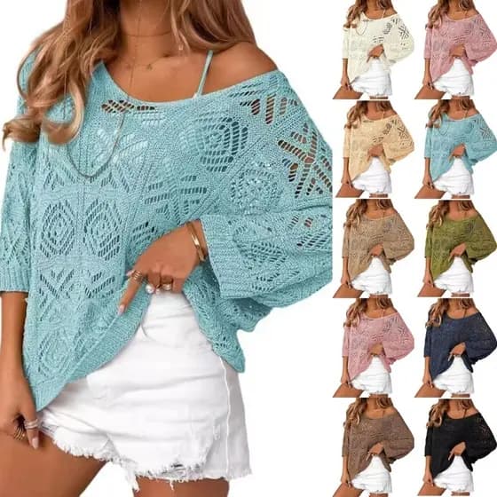 Treeling Crocheted openwork Manga Três Quartos Pulôver Suéter Fora Do Ombro Camiseta