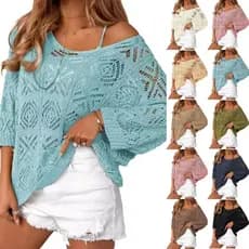 Treeling Crocheted openwork Manga Três Quartos Pulôver Suéter Fora Do Ombro Camiseta