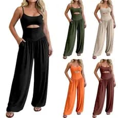 Treeling Macacão Feminino Sem Mangas Cortado Na Cintura , Pescoço , Costas Nuas , Amarração Nas , Franzida , Perna Larga