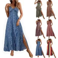 Treeling Vestido Longo Feminino casual Com Estampa floral , Decote Em V , Boêmio , Moda Praia