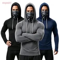 ESPOIR1 Camisa Masculina De Manga Comprida Com Capuz , De Treino Elástica Azul Marinho Proteção Solar , Camisas Masculin