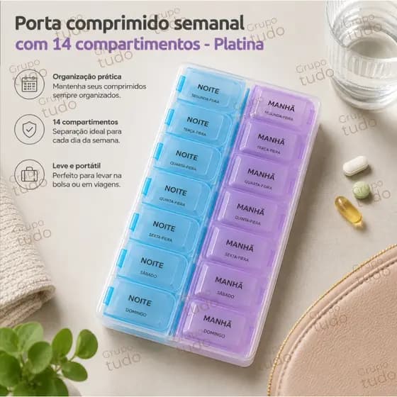 Porta comprimido semanal com 14 compartimentos - Platina