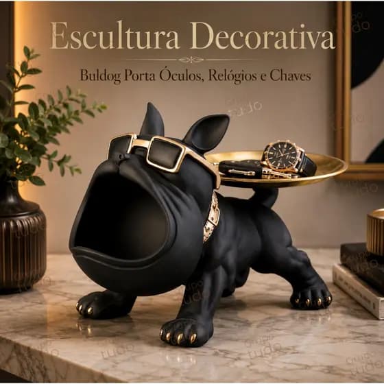 Escultura Decorativa de Cachorro buldog com Bandeja e Porta Treco de Resina 25cm