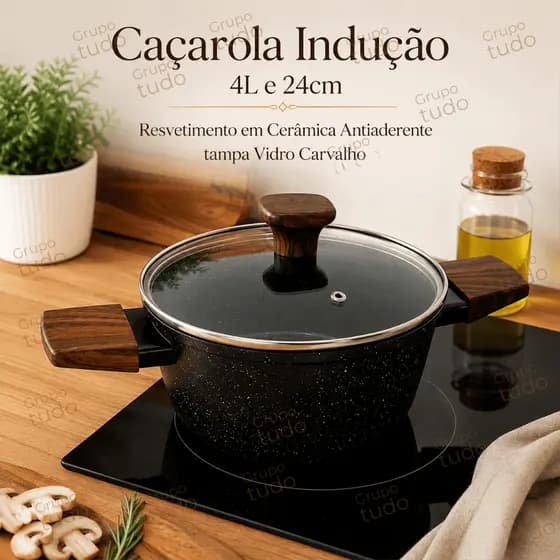 Caçarola Indução 4L e 24cm Resvetimento em Cerâmica Antiaderente tampa Vidro Carvalho